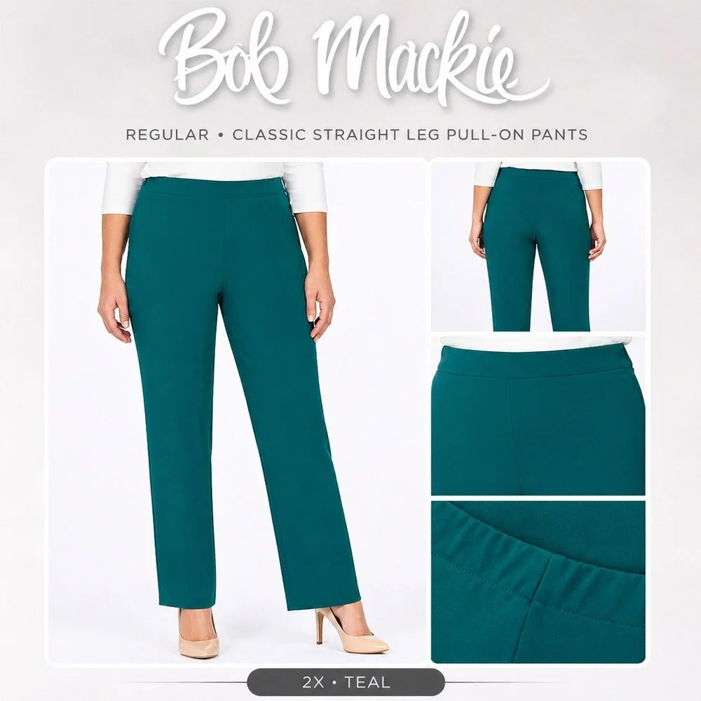 Bob Mackie Womens‎ 2X Teal Regular Classic Straight Leg Pull-On Pants A261781